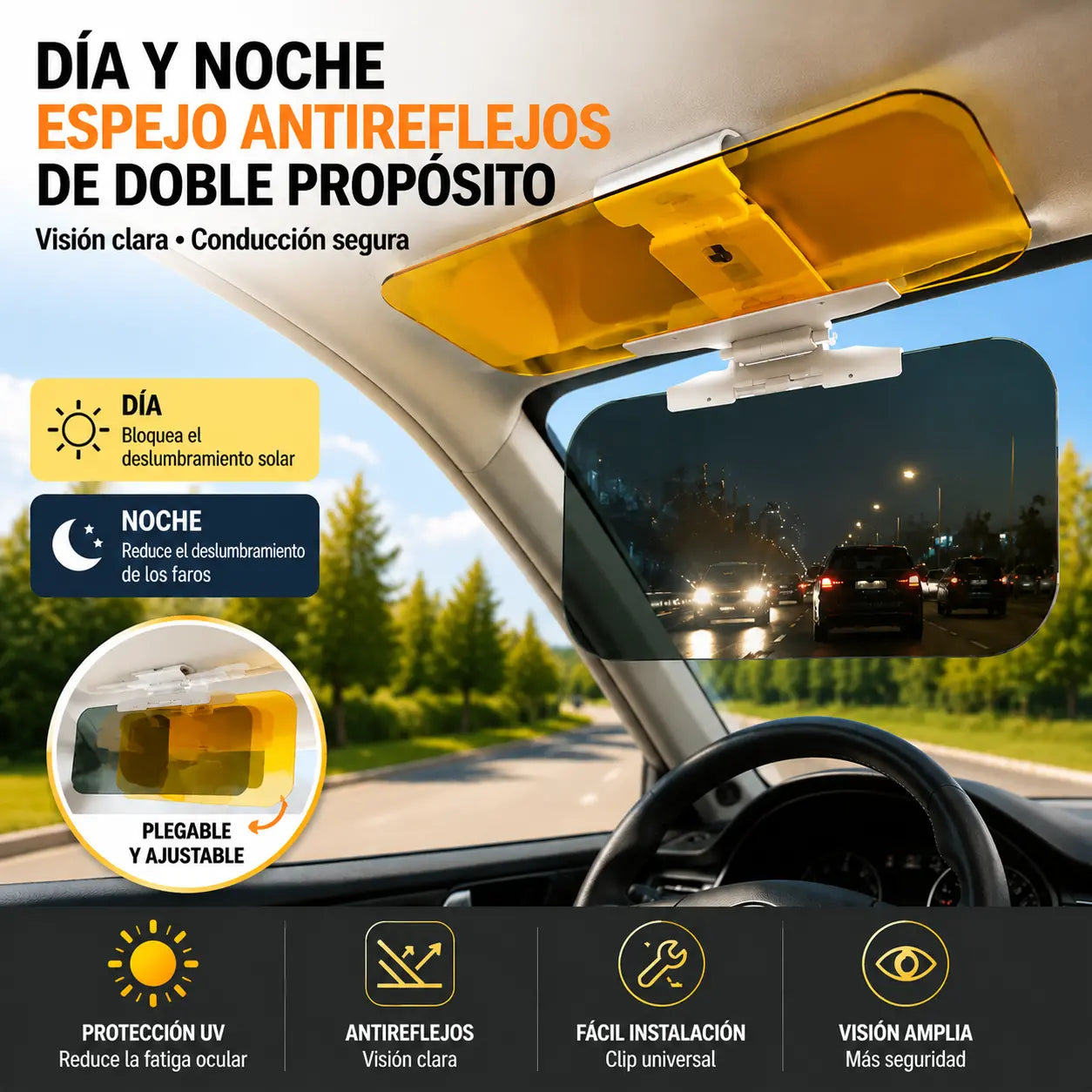 🔥🚗 Parasol para coche, espejo retrovisor para coche de día y de noche con protección anti-luces altas