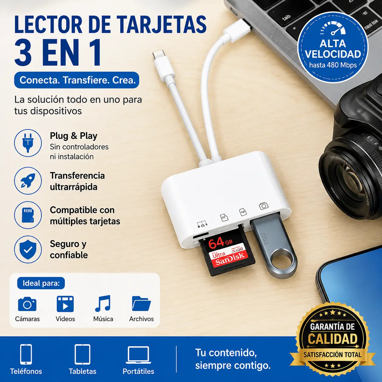 🔌 Lector de Tarjetas Multifuncional con Doble Cable – Transfiere Fotos y Archivos entre Móvil, Cámara y Disco Duro 📸