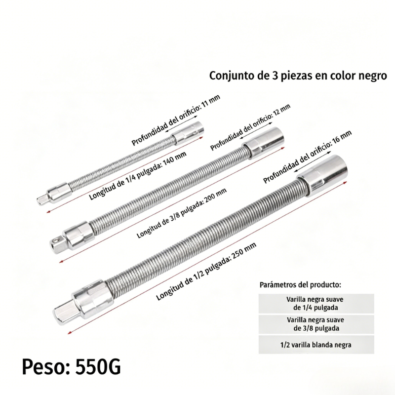 🔩 3 tamaños (1/4", 3/8", 1/2") ⚙️ Barra extensible flexible para llave de carraca - vanadio, llega a rincones estrechos, bloqueo de bola - ideal para maquinistas y aficionados al bricolaje 🛠️