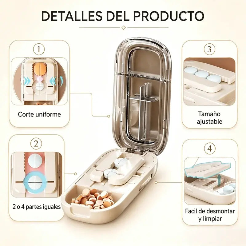 ✂️ Cortador de Pastillas Multifuncional – Divide en 2, 3 o 4 Partes, Caja Almacenadora Portátil 💊