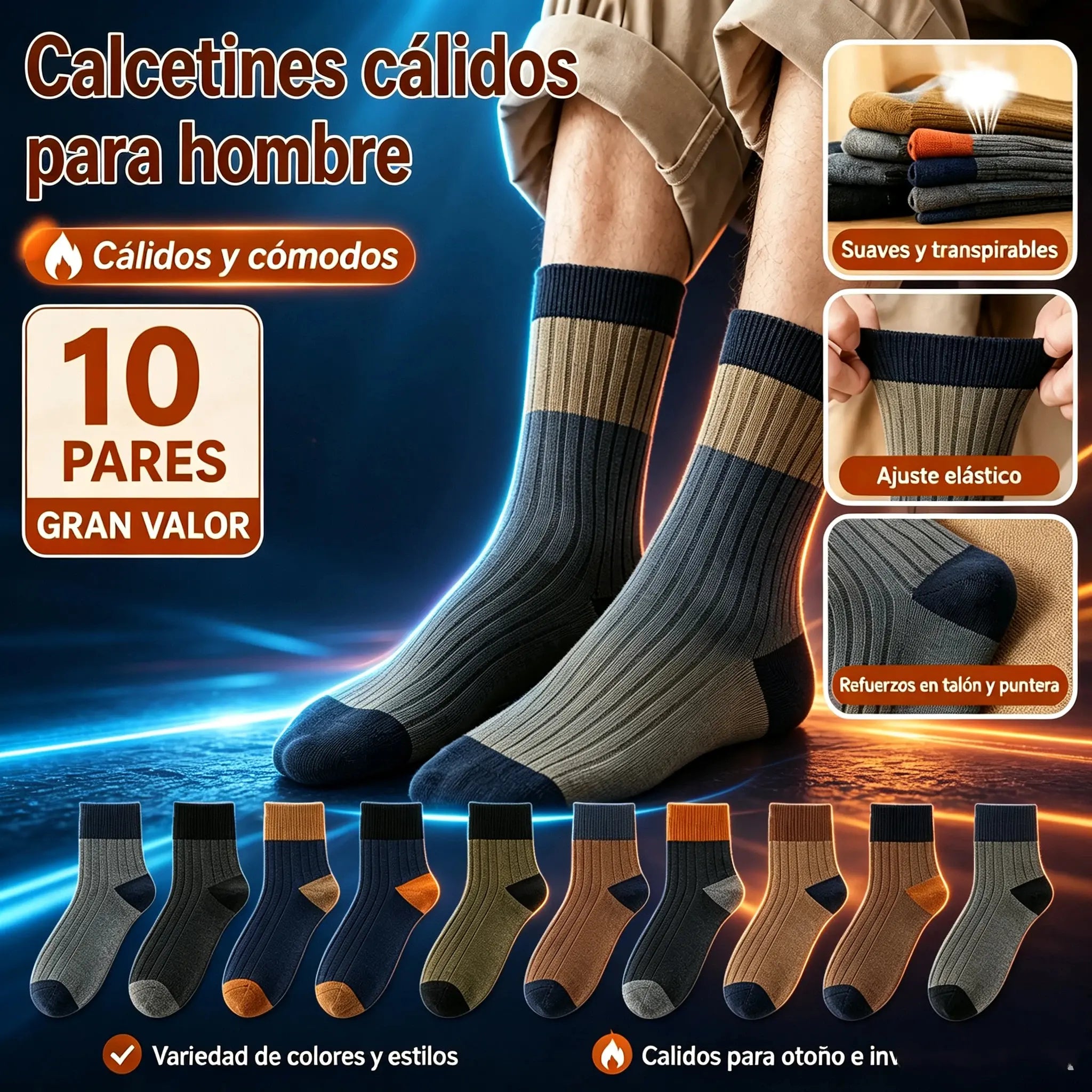 【10 pares】【38-47】Nuevos calcetines cálidos de punto con bloques de color retro para hombre