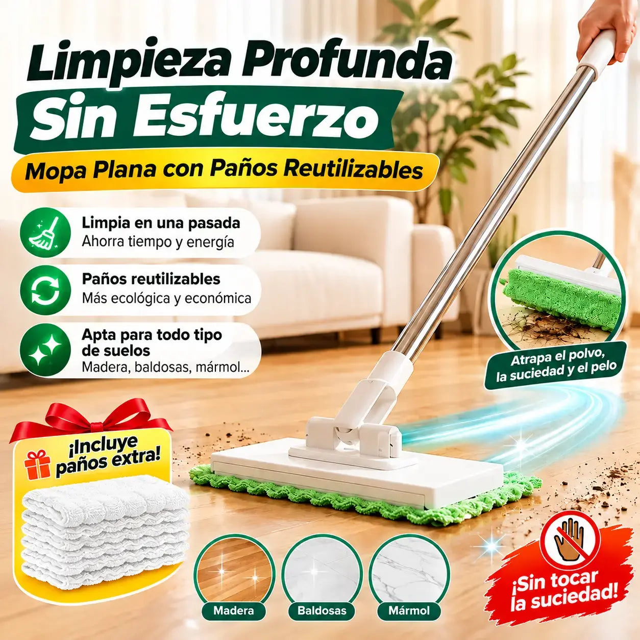 🔥【Set de 4】Trapeador multifuncional con clip de tela, nuevo trapeador doméstico que no requiere lavado