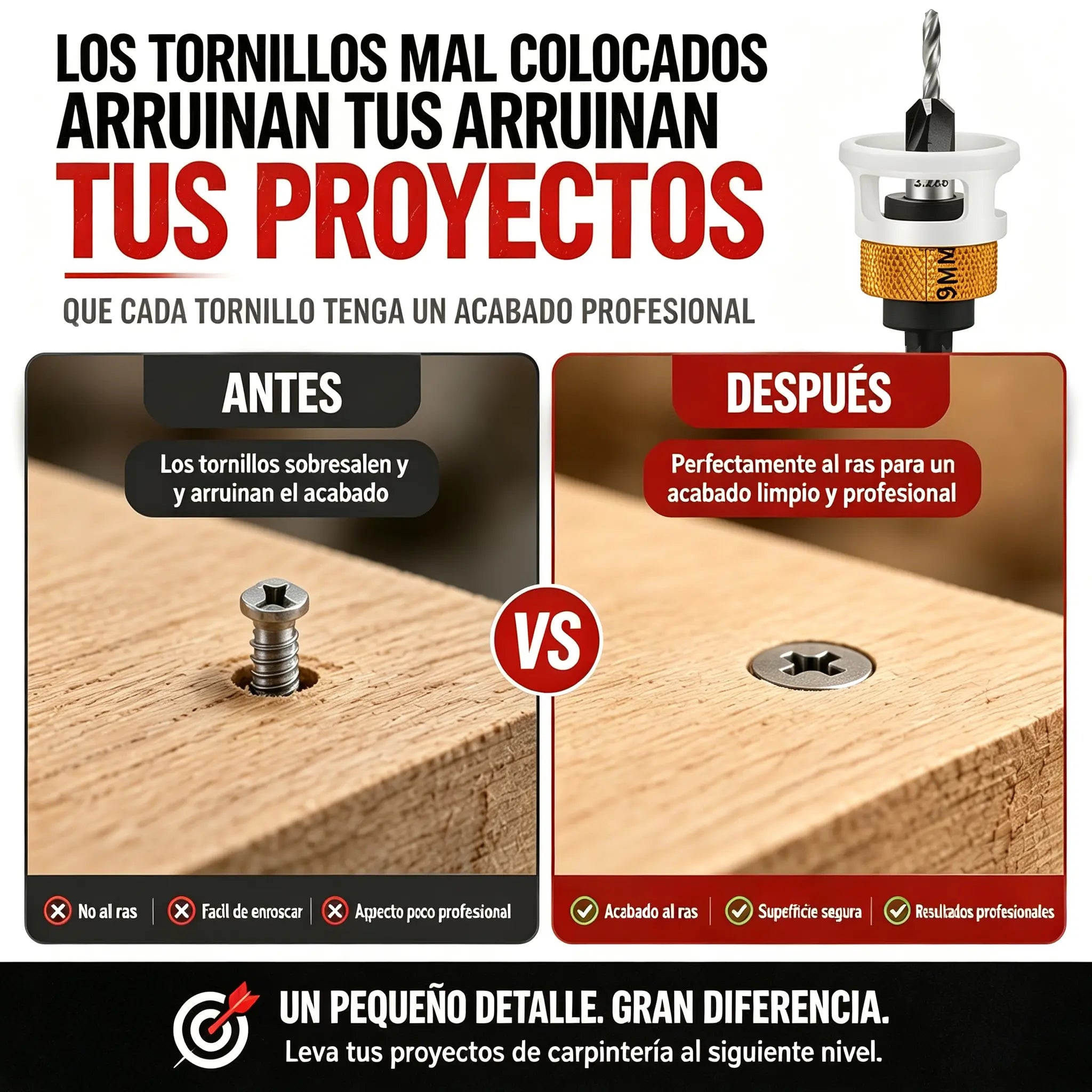 【Tope de profundidad + 4 brocas】🔩 Juego de brocas avellanadoras ajustables | Herramienta profesional para el acabado de tornillos en carpintería