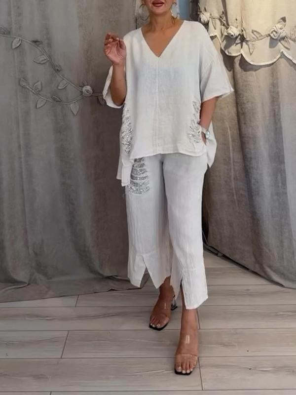 【Pantalones + Top】2025 Traje de dos piezas de lino y algodón con cuello en V para mujer