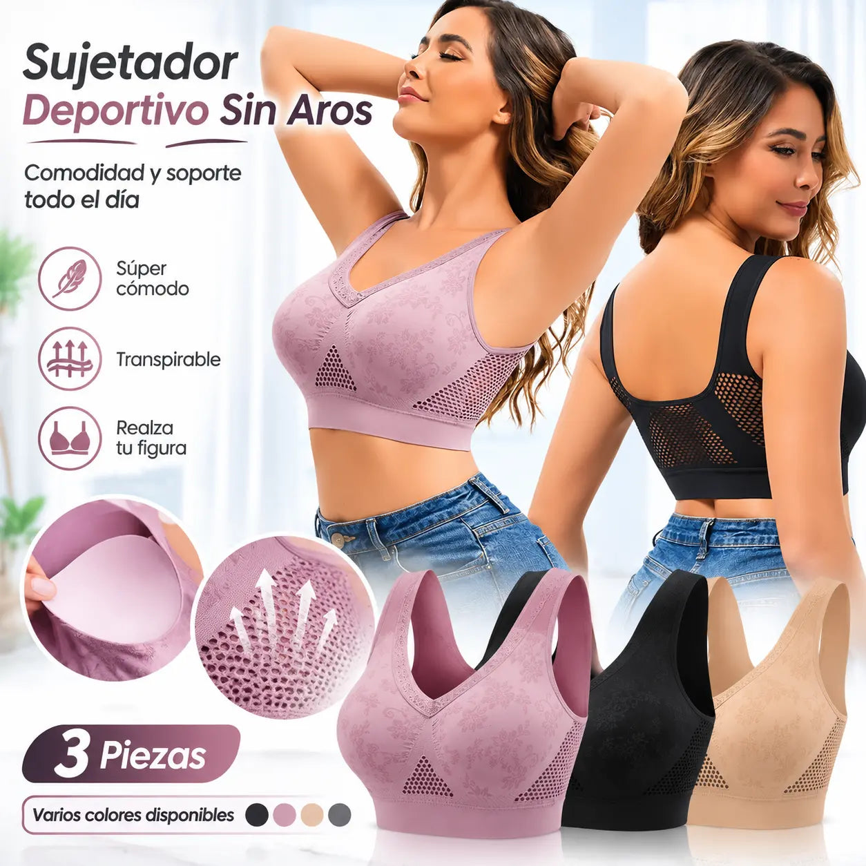 💕(3 piezas )【40-120 kg】✨ Sujetador de encaje sin aros y de gran sujeción para mujer
