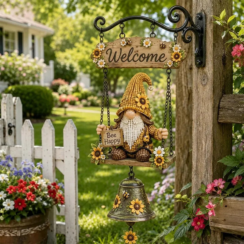 🔥Campana de bienvenida con gnomo de jardín✨ placa de "Welcome", campana de bronce estilo retro, soporte de pared de hierro, decoración para jardín y patio