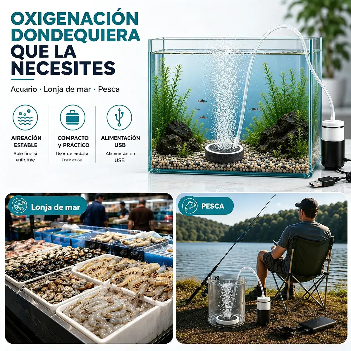 🐟🔇 Bomba de aire para pecera USB ultra silenciosa – Oxigenador portátil recargable para acuarios y pesca 🎣