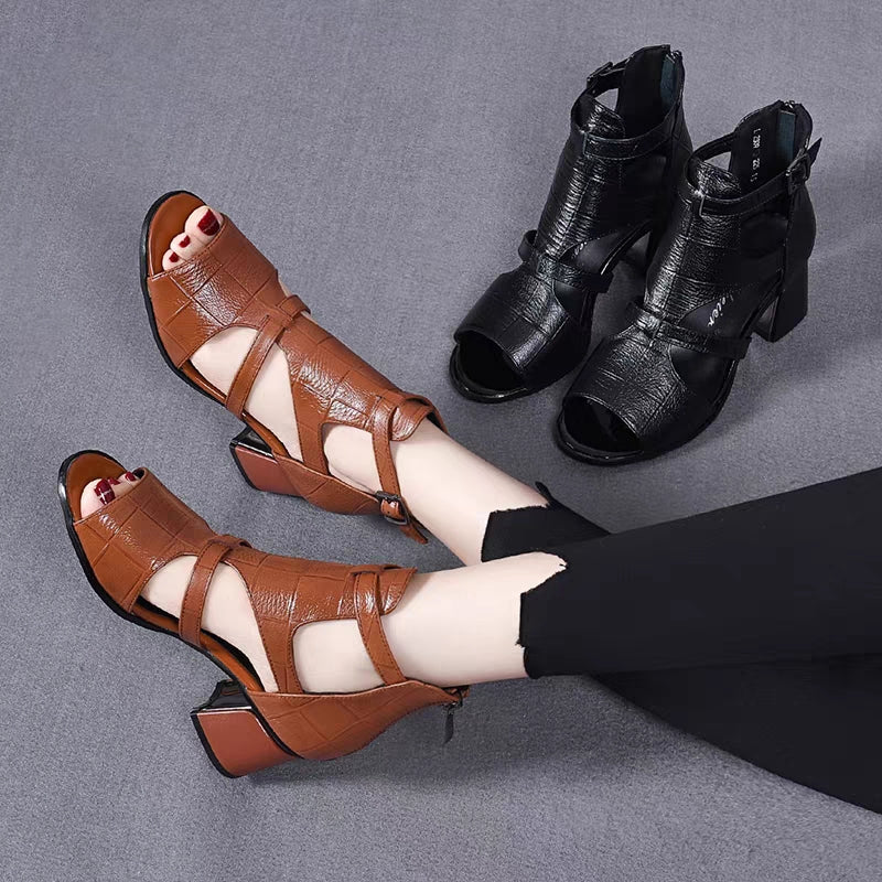 👡【35-40】2025 nuevas sandalias romanas boca de pez gruesas de cuero suave
