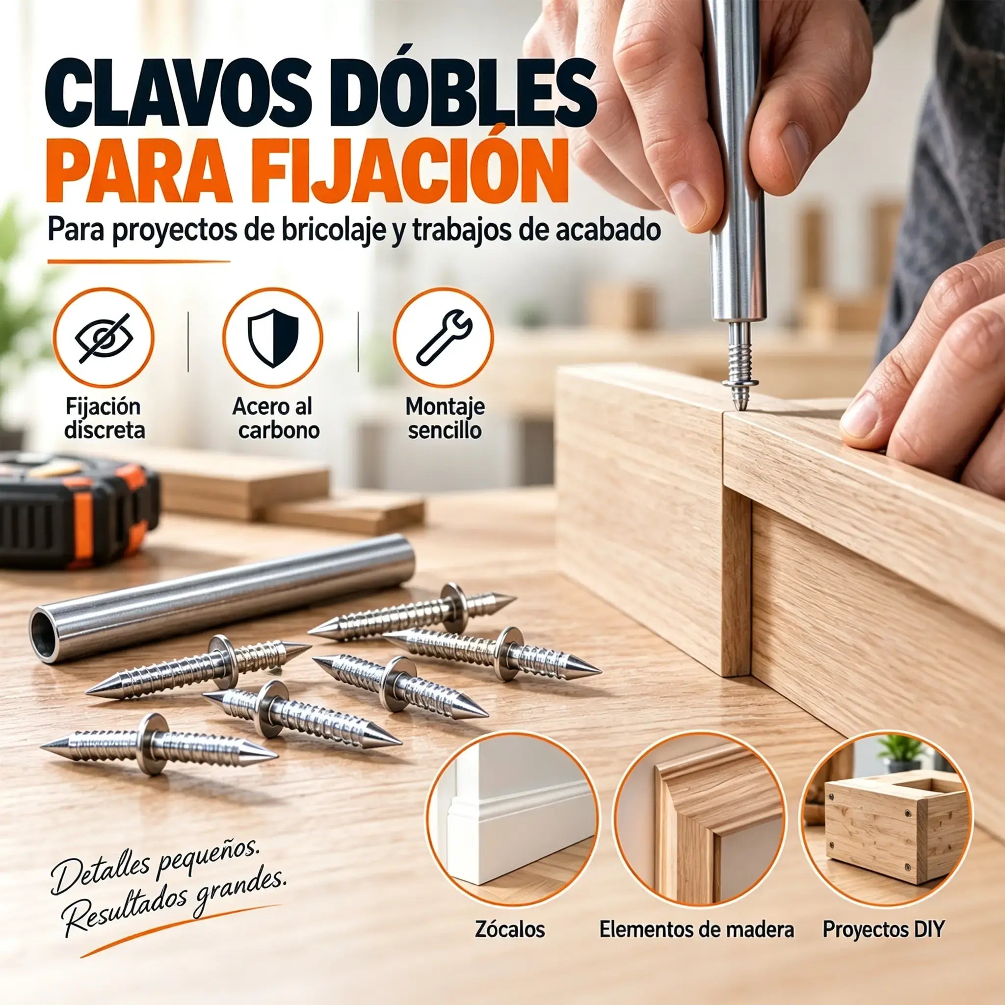 🧱【100 clavos + 1 herramienta】✨ Clavo Oculto de Doble Cabeza con Tornillo Expansivo | Fijación Invisible para Zócalos y Madera | Acero Galvanizado Antióxido 🔩