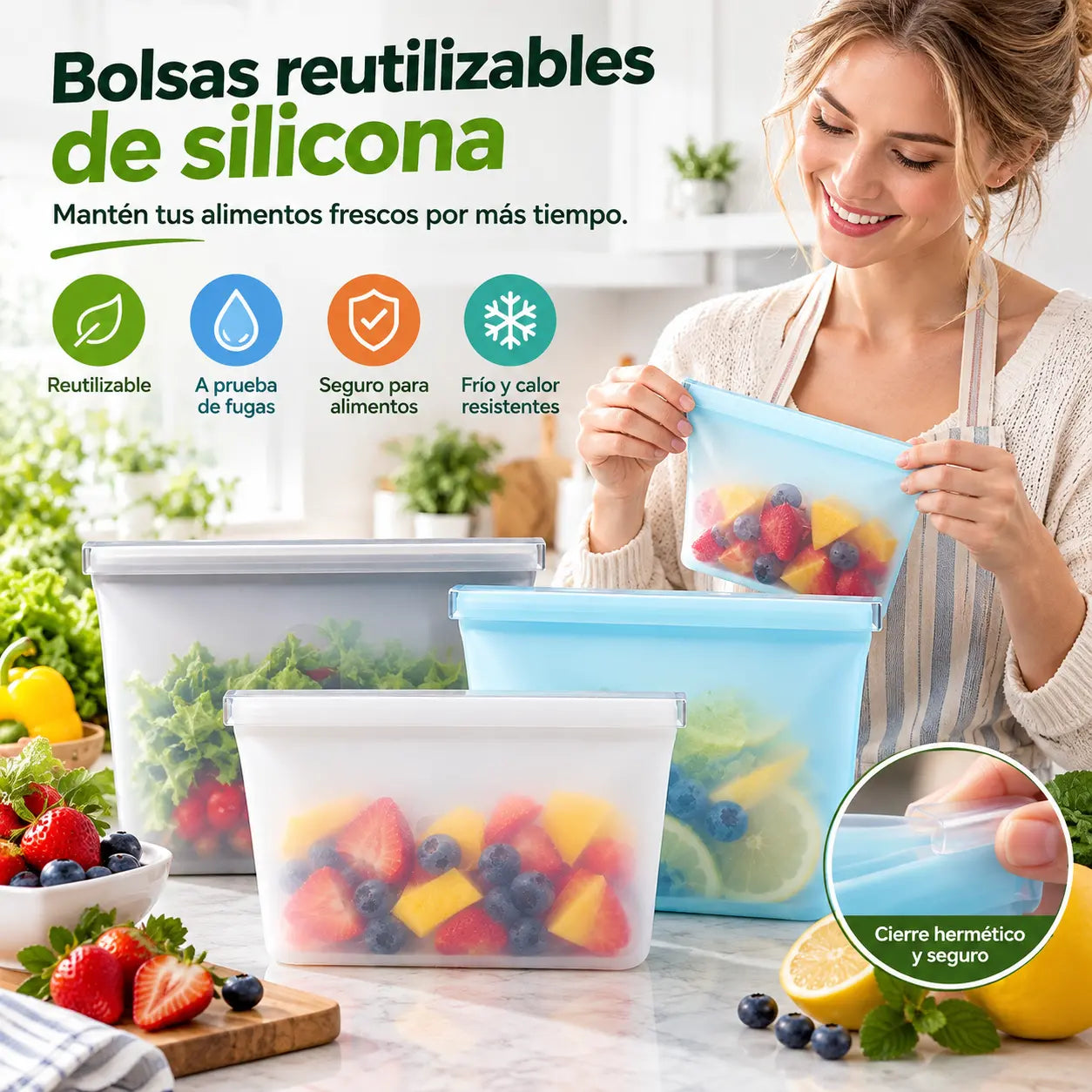 ✨【1000 ml + 2000 ml, set de 2 piezas】Bolsas de almacenamiento de silicona reutilizables con cierre