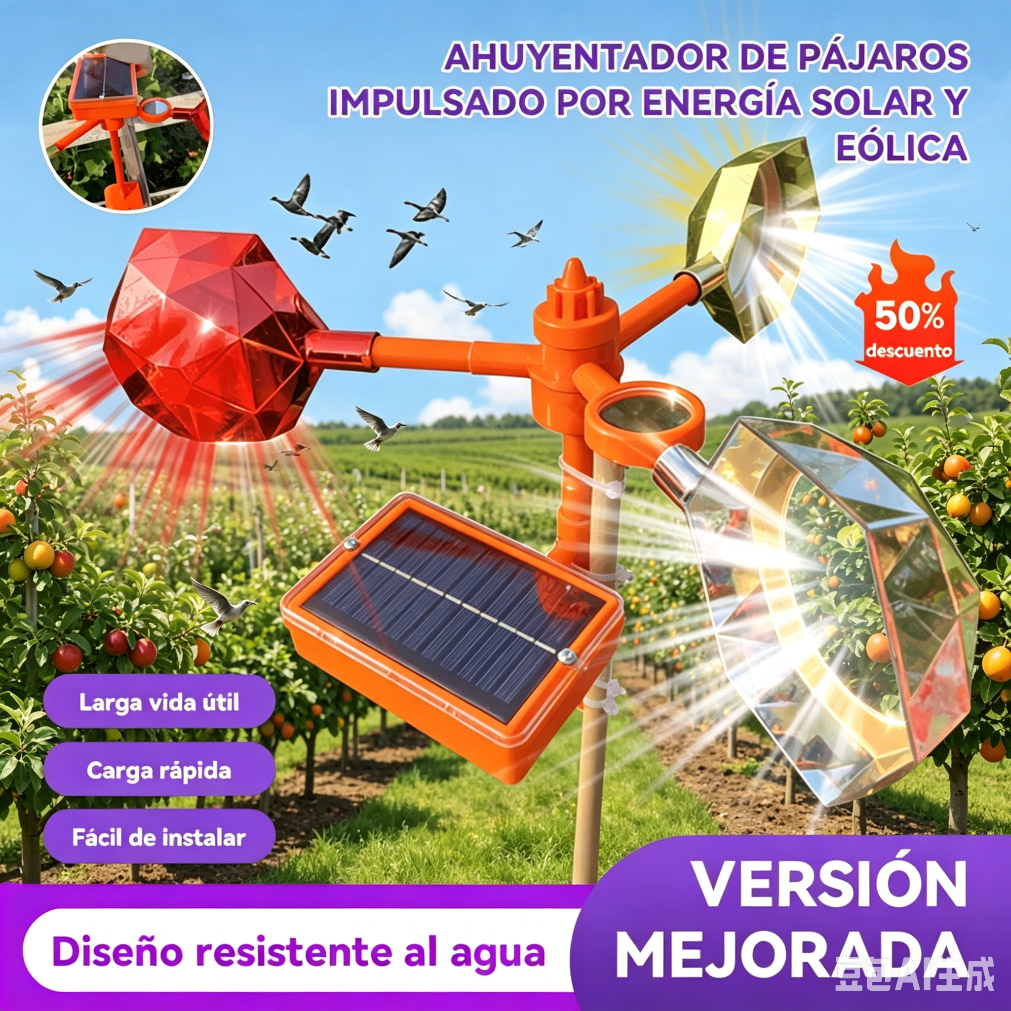 【50% de descuento】🐦🦉Nuevo ahuyentador de pájaros con voz ajustable, alimentado por energía solar y eólica, mejorado