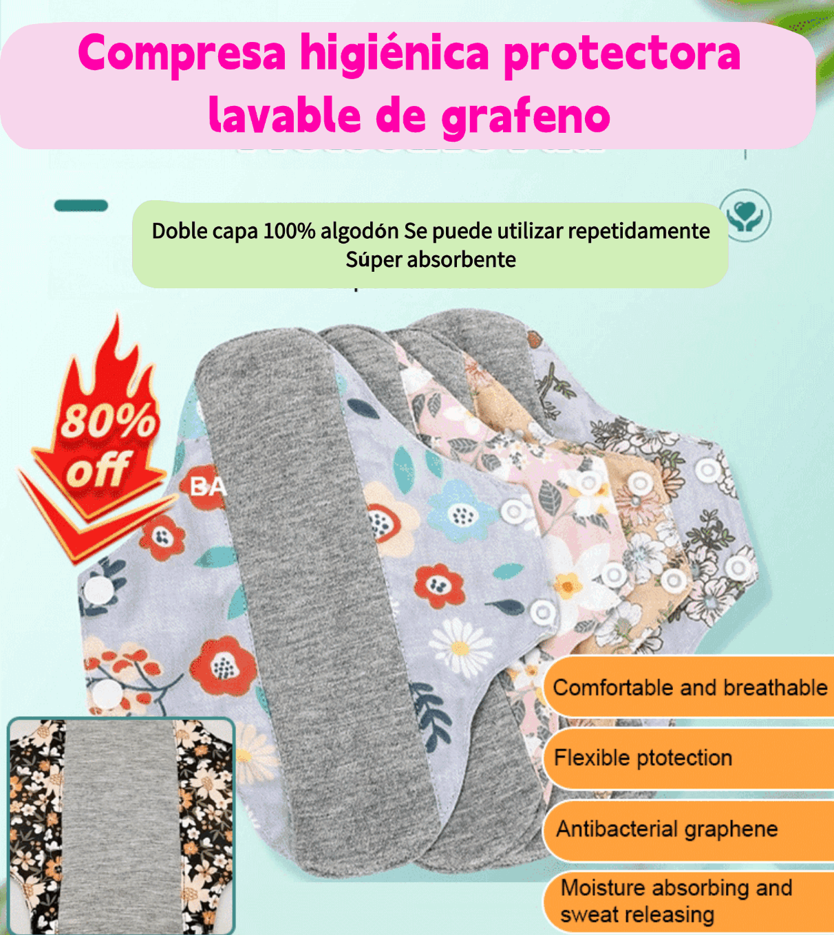 🔥🌈【5 artículos】Almohadilla antibacteriana de algodón y grafeno lavable