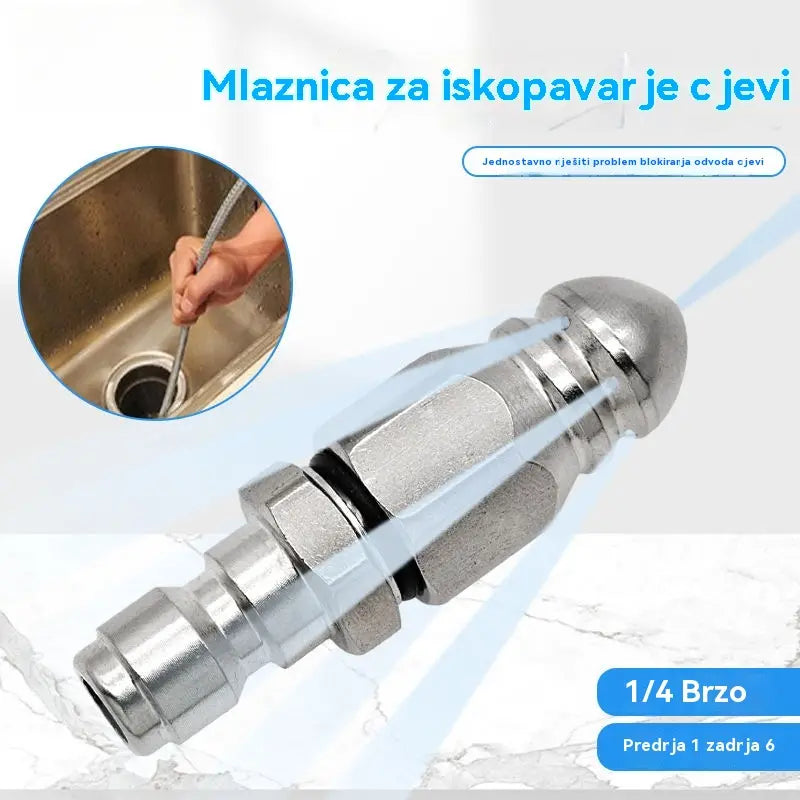 🛠️Visokotlačna mlaznica od nehrđajućeg čelika s brzim umetanjem od 1/4 sprijeda i šest stražnjih mlaznica za čišćenje i odčepljivanje odvodnih cijevi