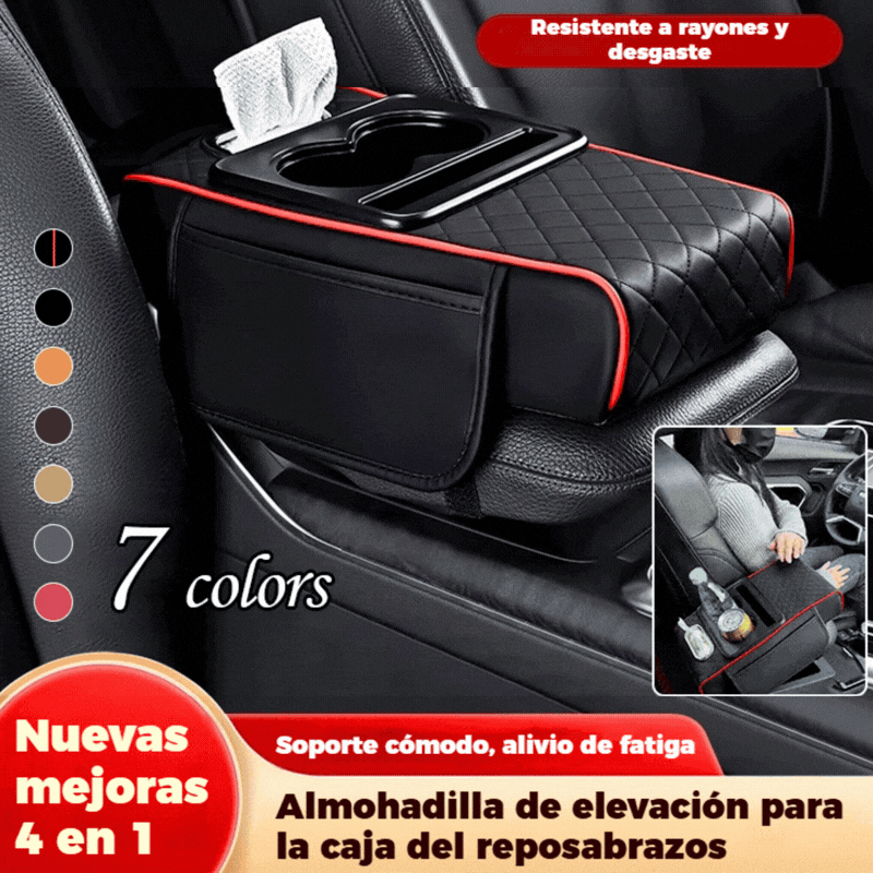 🔥🚗Almohadilla universal 4 en 1 para reposabrazos de coche de cuero ✅ Caja de pañuelos incorporada ✅ Portavasos