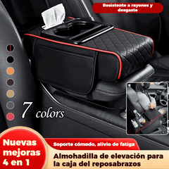 🔥🚗Almohadilla universal 4 en 1 para reposabrazos de coche de cuero ✅ Caja de pañuelos incorporada ✅ Portavasos