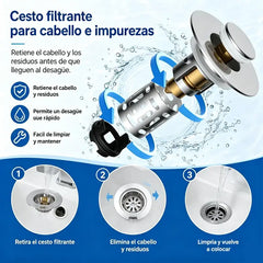 🔧 Tapón de desagüe para lavabo con mecanismo de resorte – Filtro antipestillos y antiolores, fácil instalación 🚰
