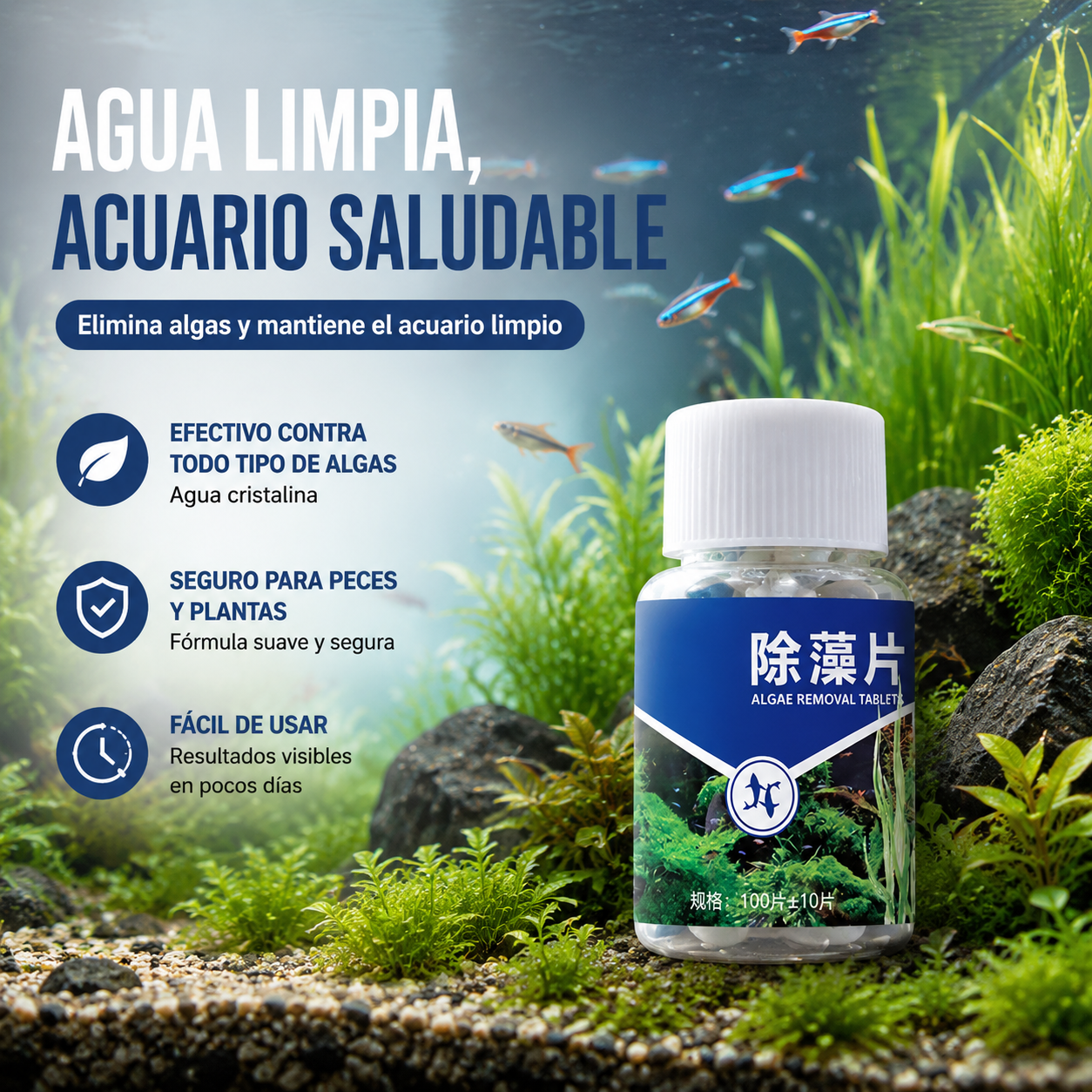 🔥Compra 2 y llévate 2 gratis (4 botellas-400 piezas)🐠🌿 Pastillas purificadoras de agua para acuario