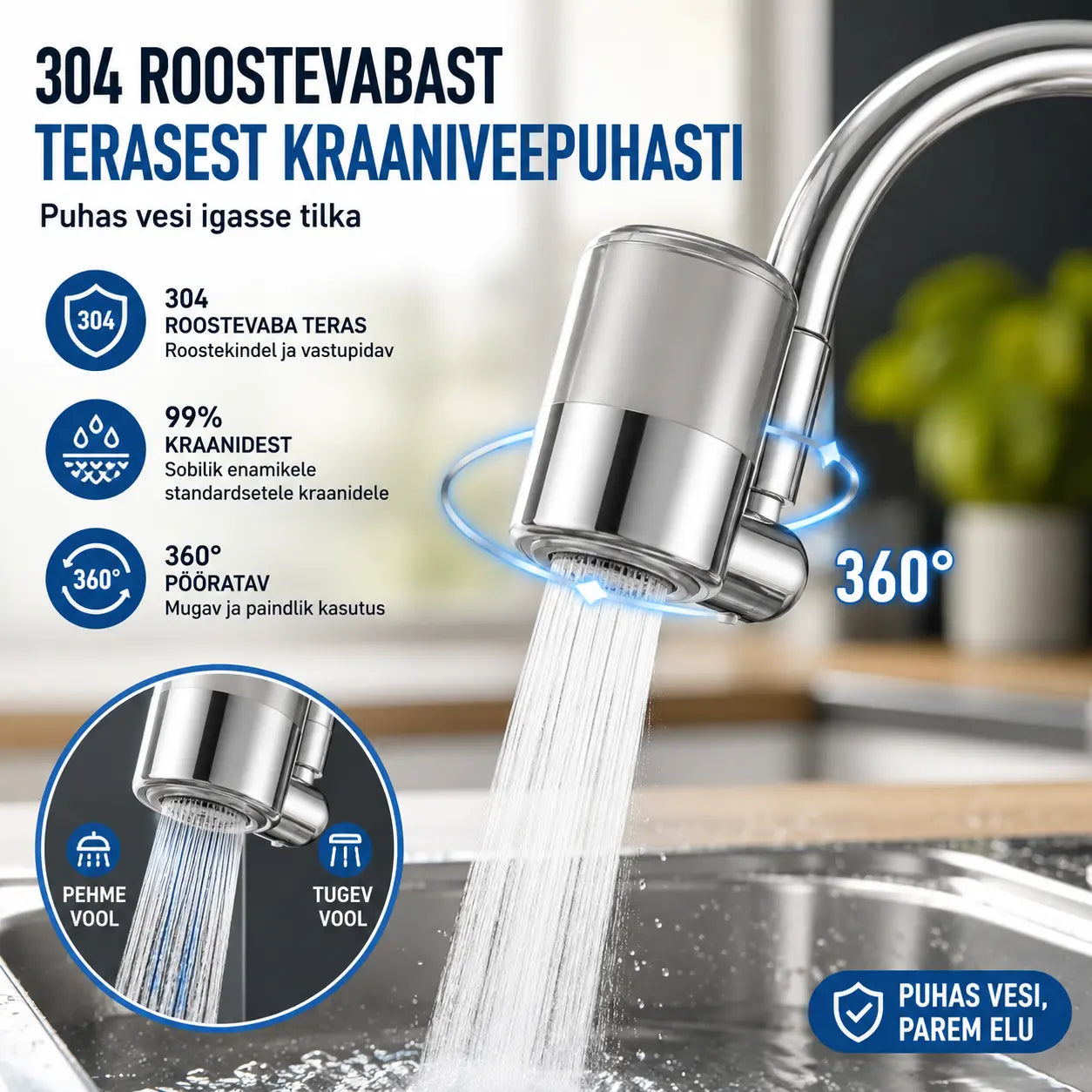 💧✨ 304 roostevabast terasest kraaniveefilter | Sügavpuhastus, eemaldab sette ja lõhnad, kiire paigaldus, ühildub 99% kraanidega 🚰