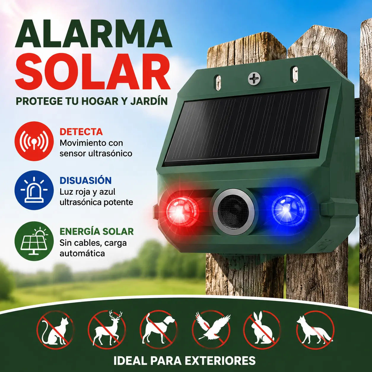 🔥Repelente solar ultrasónico para animales para exteriores: puede ahuyentar pájaros y animales.