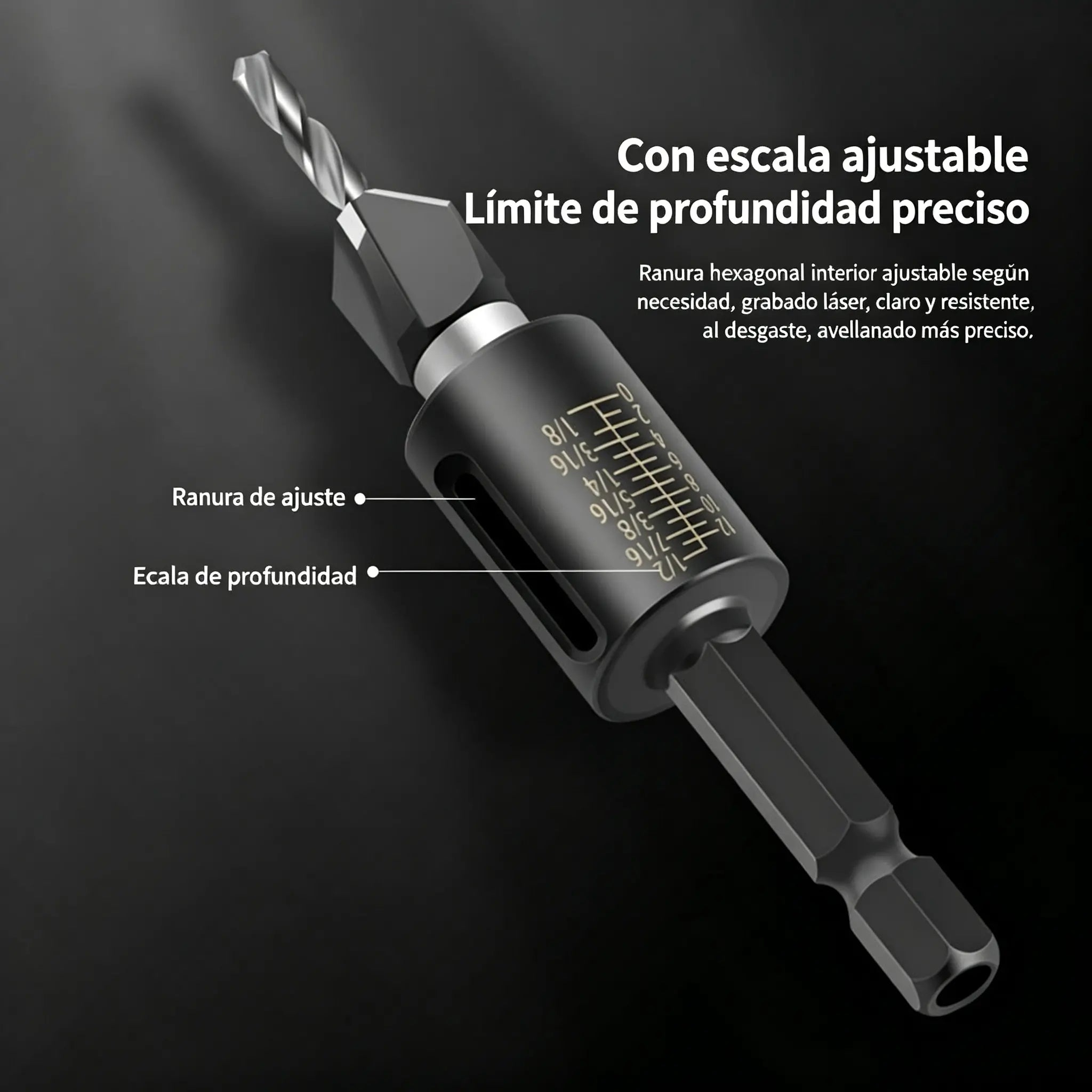 【Tope de profundidad + 4 brocas】🔩 Juego de brocas avellanadoras ajustables | Herramienta profesional para el acabado de tornillos en carpintería