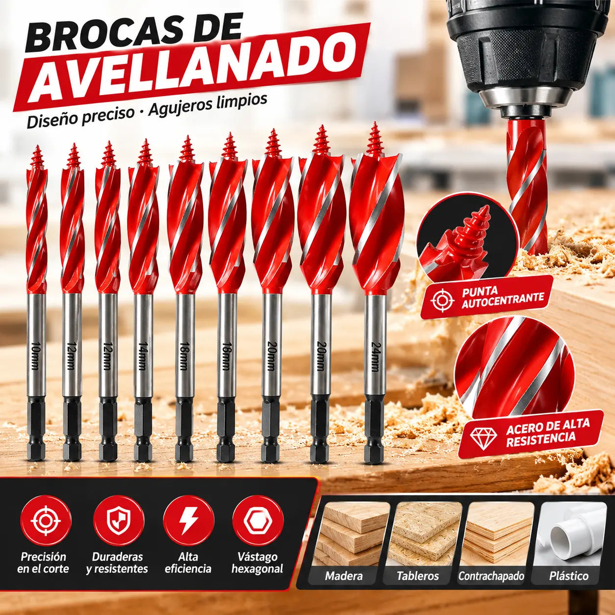 🔩 【8 piezas】🌳 Juego de brocas helicoidales – Acero de alto contenido en carbono, diseño de 4 canales y vástago hexagonal antideslizante – 8 piezas para madera dura, madera blanda y plástico 🛠️