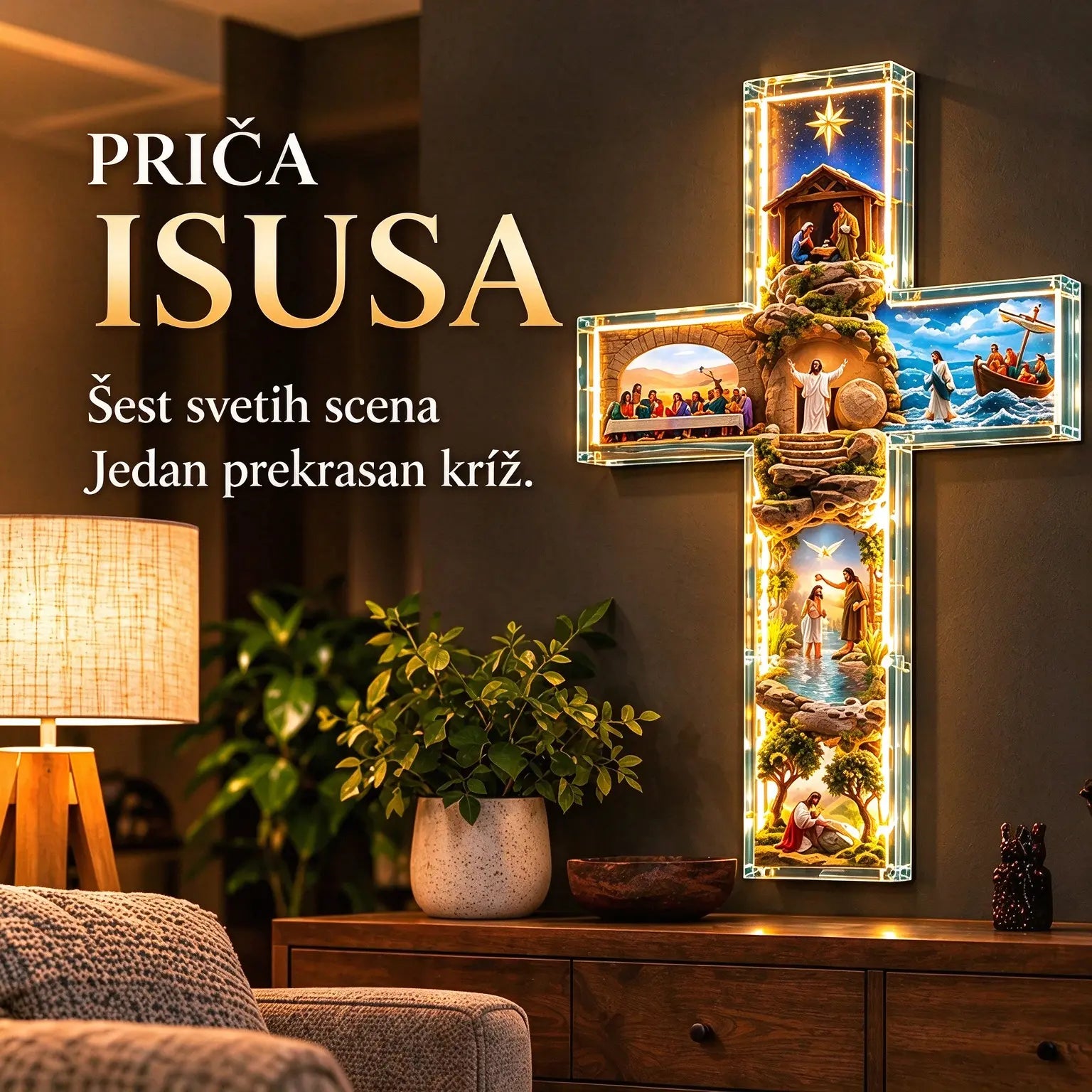 ✨ Ponuda u pola cijene! ✝️ Svjetiljka u obliku križa: „Isusova priča – šest prizora”