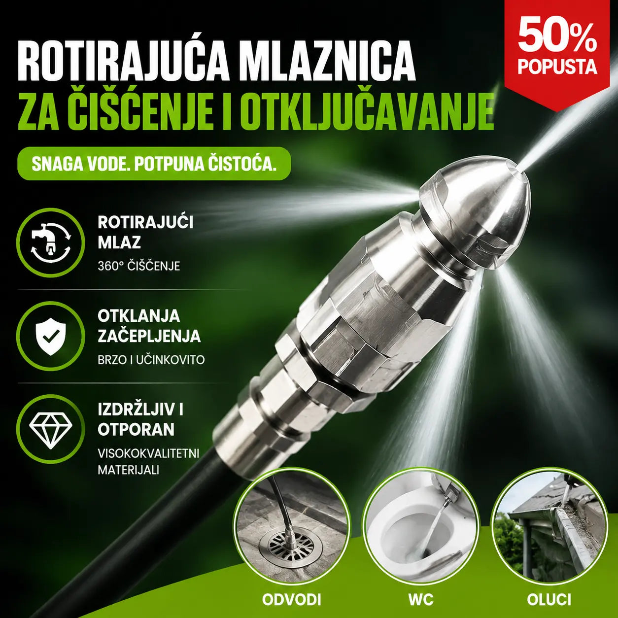 🛠️Visokotlačna mlaznica od nehrđajućeg čelika s brzim umetanjem od 1/4 sprijeda i šest stražnjih mlaznica za čišćenje i odčepljivanje odvodnih cijevi