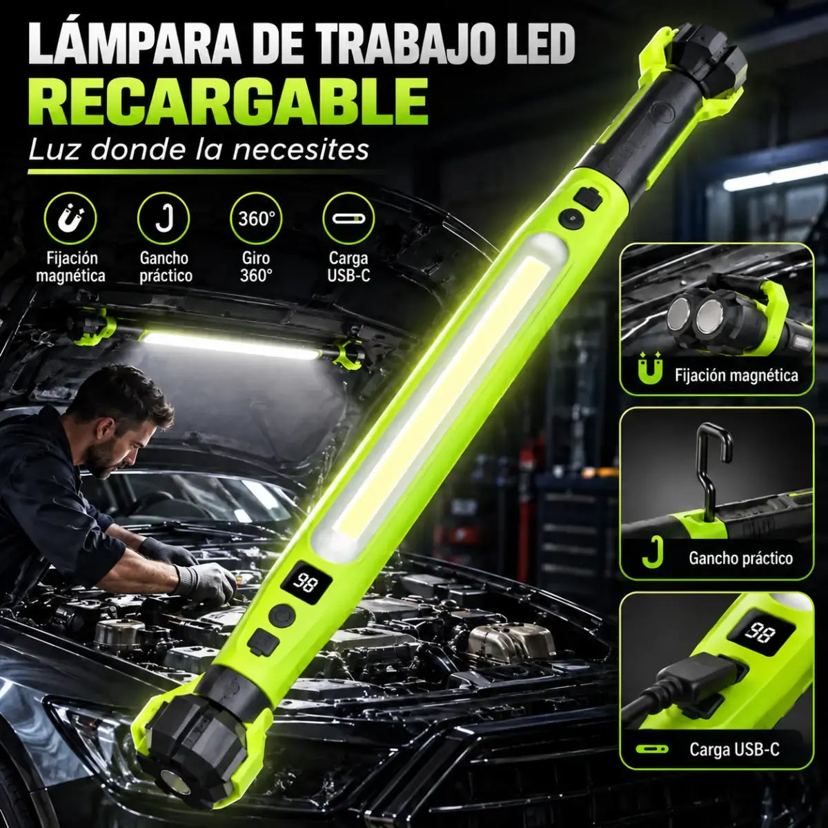 🔦✨ Luz de Trabajo LED COB Recargable por USB | Base Magnética con Batería | Luz Blanca y Amarilla para Reparación de Autos y Taller 🚗