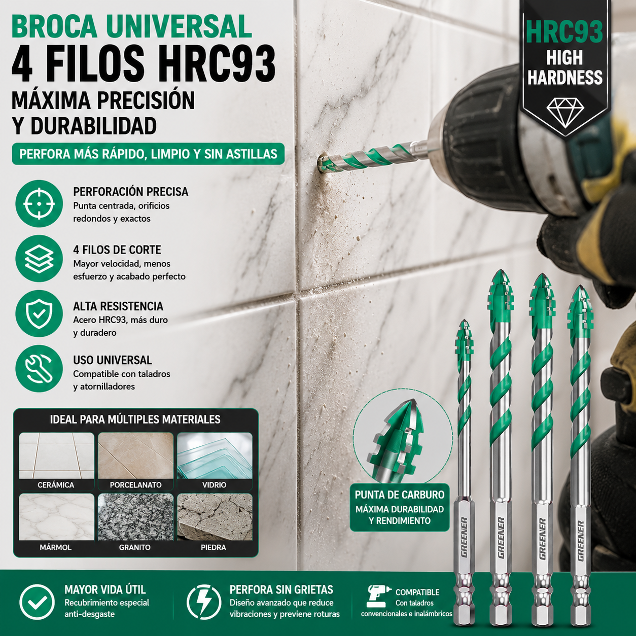 🔥【6+8+10+12mm】【10  piezas】Broca universal 4 filos: abre agujeros más rápidos, limpios y sin esfuerzo en todos los materiales.