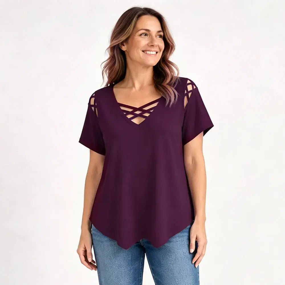 👚【S-5XL】 Top de algodón puro con V y cruzado – Corte con recortes, ligero y perfecto para el día a día ✨