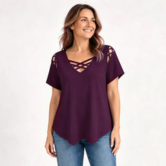 👚【S-5XL】 Top de algodón puro con V y cruzado – Corte con recortes, ligero y perfecto para el día a día ✨