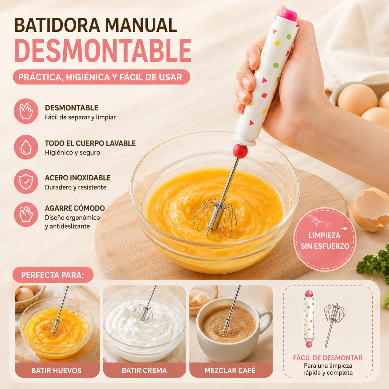 27€【 Conjunto de 2 piezas】🥚 Batidor semiautomático desmontable de acero inoxidable 304 ✨