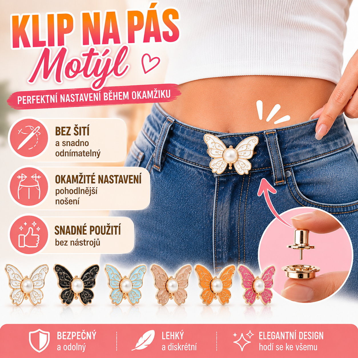 🌸🦋 Kupte 5 kusů a získejte 5 kusů zdarma 🎁💜 Odnímatelná nastavitelná přezka ve tvaru motýla: Není potřeba žádné nářadí, perfektně se hodí k džínám, sukním a šatům ✨👗💃