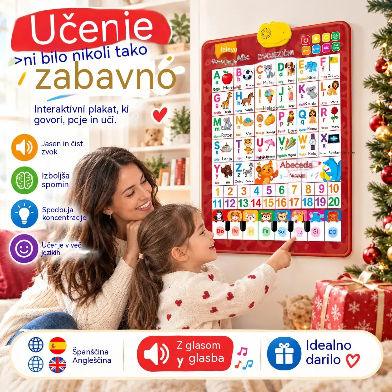 🔊 Dvojezični govoreči izobraževalni plakat (španščina-angleščina) | Abeceda z zvokom (26/27 črk) | Vrhunski darilni komplet za otroke 🎁