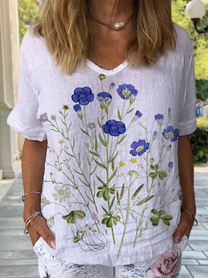 【39%OFF】【S-5XL】🌈Camiseta de manga corta de lino y algodón con estampado floral💐