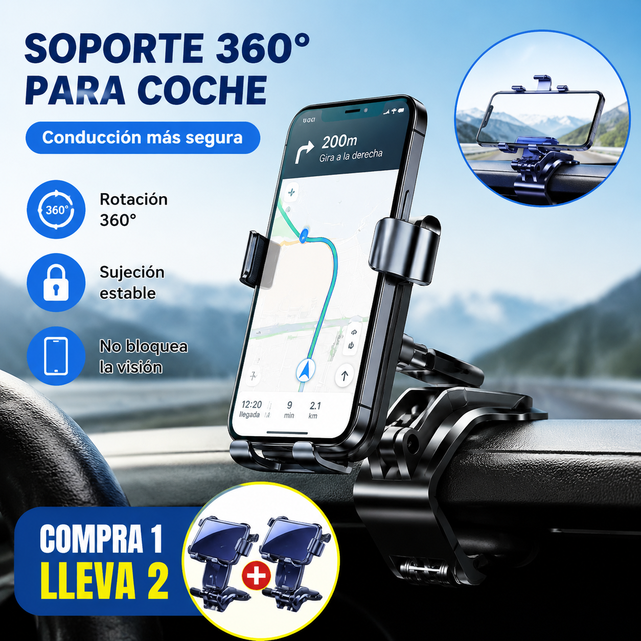 【Compre uno y llévese otro gratis】Soporte para teléfono móvil giratorio de 360° para coche
