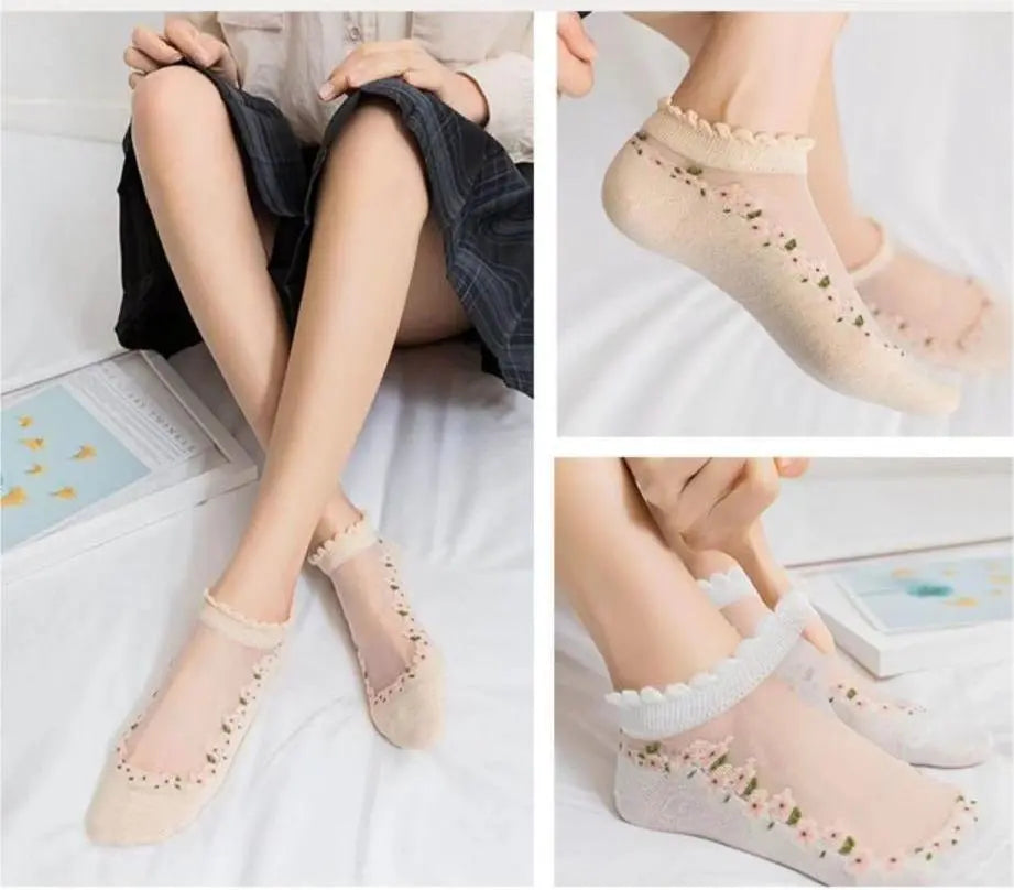 🧦✨【Paquete de 7 pares】Calcetines de verano transpirables con encaje para mujer - Material de algodón puro, frescos y cómodos