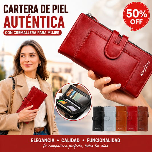 💰Cartera de mujer con doble cremallera y ranuras para múltiples tarjetas, de cuero genuino retro