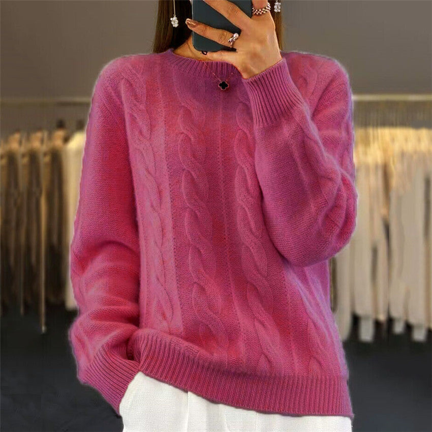 2025 nuevo suéter de punto trenzado retro de color sólido con cuello redondo