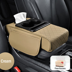 🔥🚗Almohadilla universal 4 en 1 para reposabrazos de coche de cuero ✅ Caja de pañuelos incorporada ✅ Portavasos