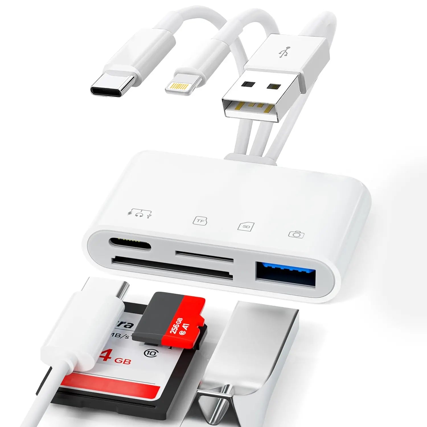 🔌 Lector de Tarjetas Multifuncional con Doble Cable – Transfiere Fotos y Archivos entre Móvil, Cámara y Disco Duro 📸