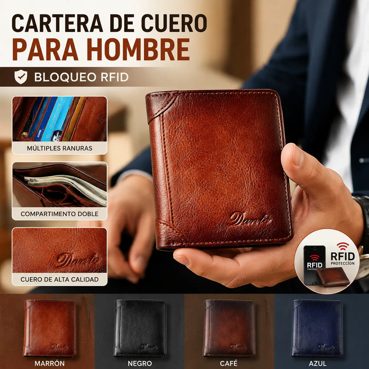 Nueva cartera antirrobo de cuero genuino para hombre