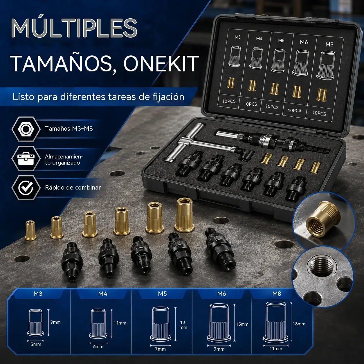 🔥 Más vendido | Juego de tuercas remachables de acero al carbono (incluye tamaños M3–M8)