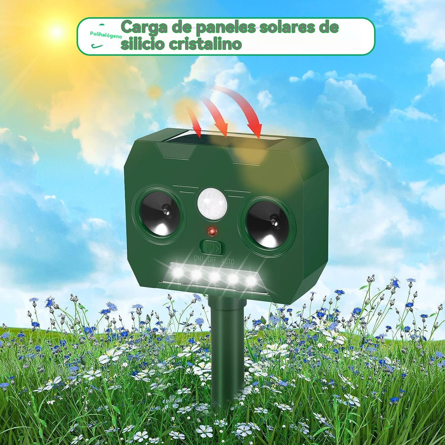 🔥Repelente ultrasónico de aves para exteriores con energía solar, dos bocinas y luces intermitentes
