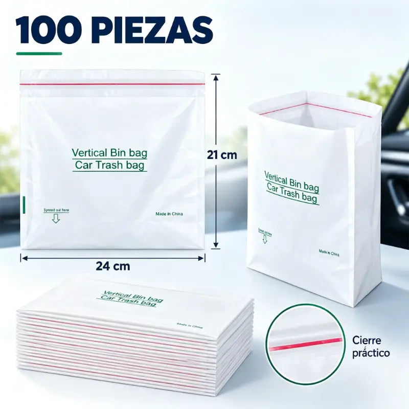 🚗🗑️ Set de 100 Bolsas de Basura Autoestables con Cinta Adhesiva | Impermeables, sin Fugas | para Coche, Hogar y Oficina ✨