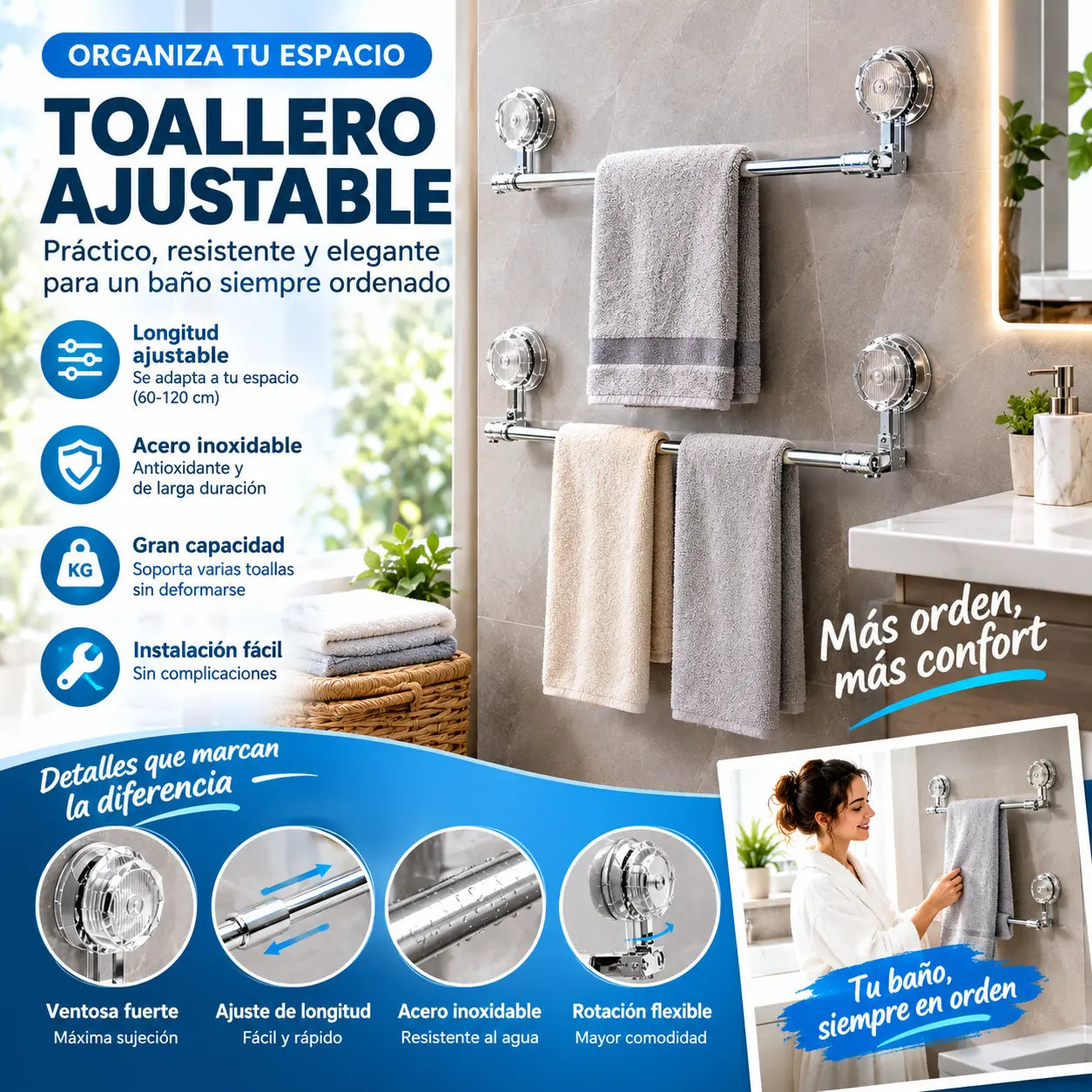 🚿✨ Barra de toalla con ventosa ajustable: no requiere perforar, no daña y tiene un agarre cómodo.