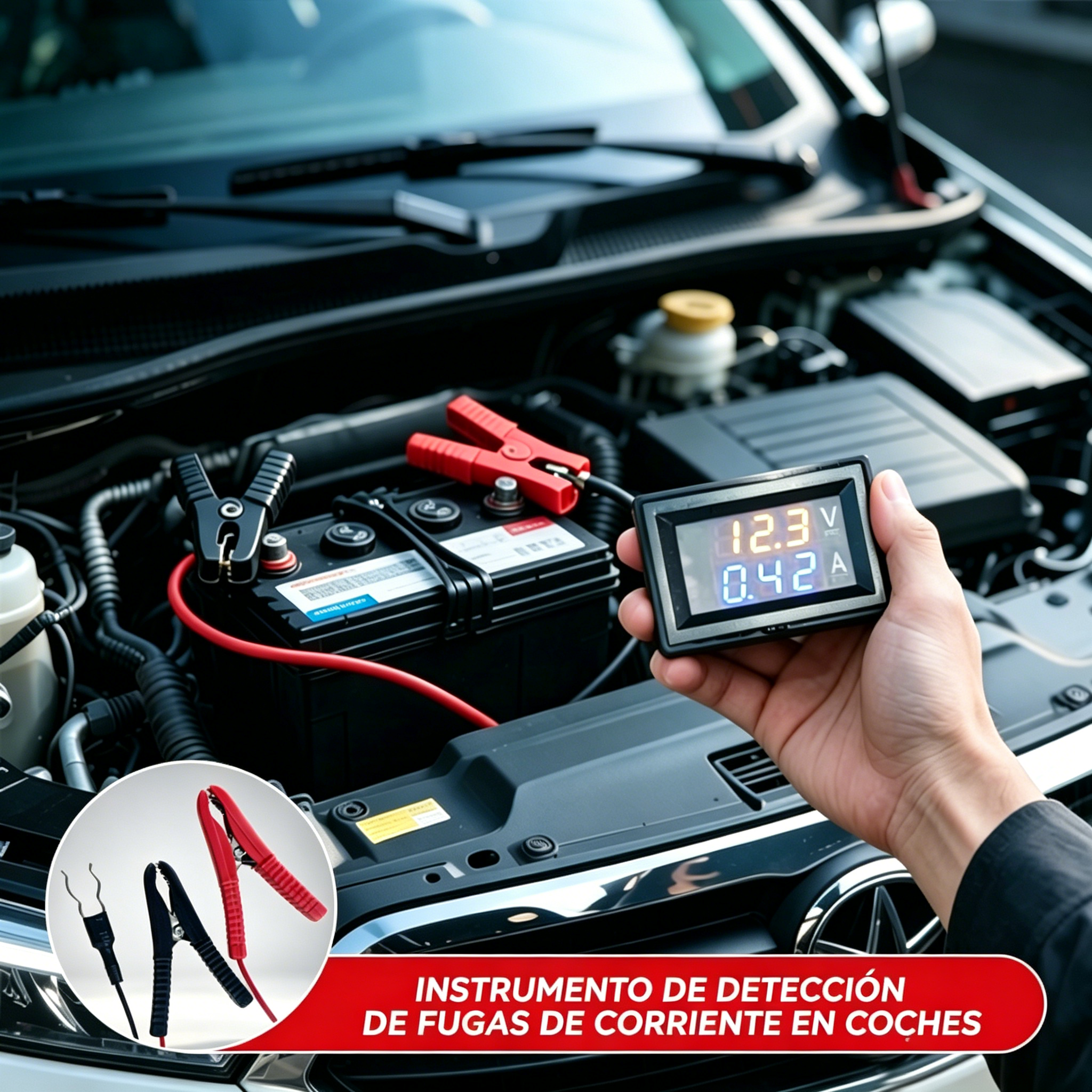 Probador de fuga de corriente automotriz con pantalla digital dual – Instrumento de diagnóstico sin interrumpir el suministro eléctrico, cuenta con voltímetro y amperímetro, incluye fusible, no requiere multímetro