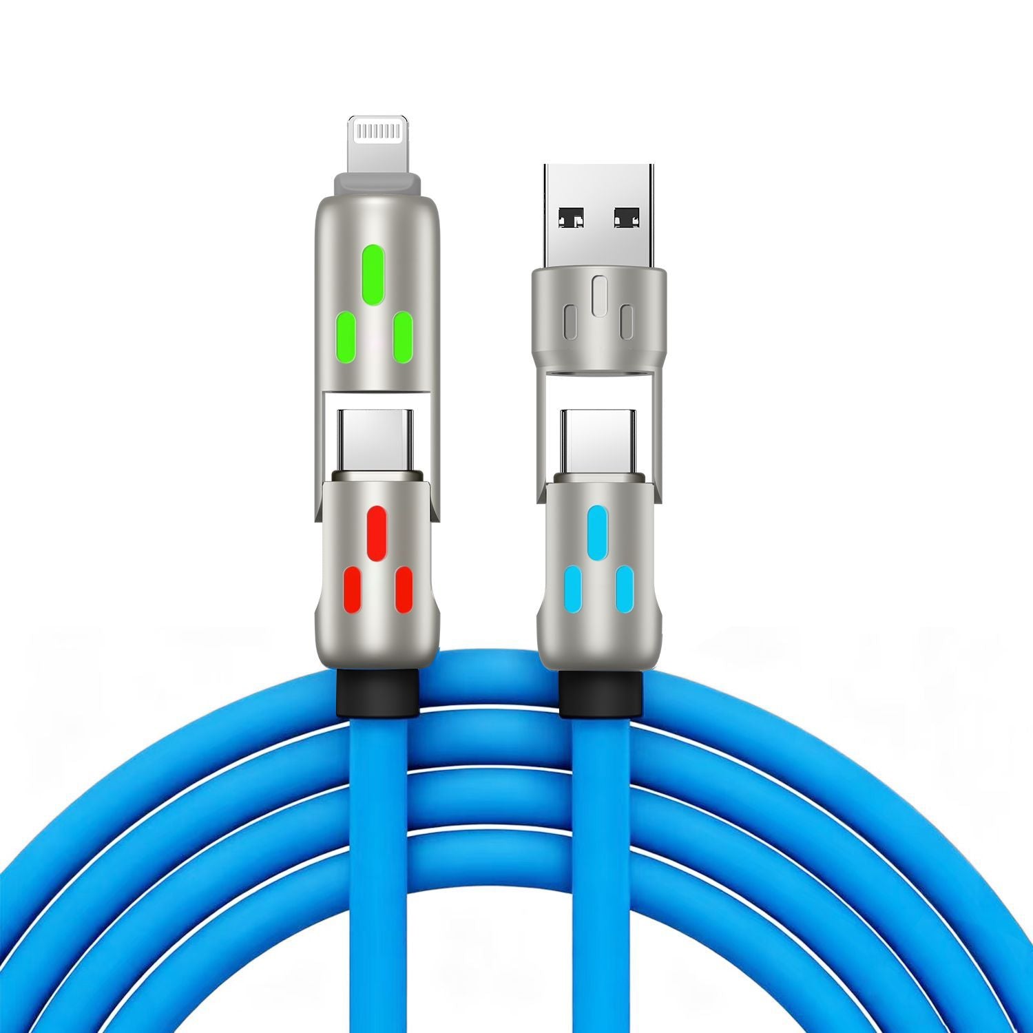 🔥 (2 metros de largo) Cable 4 en 1 PD 240 W – Carga rápida USB‑C, Lightning y USB‑A, aluminio y silicona, sincronización de datos ⚡📱