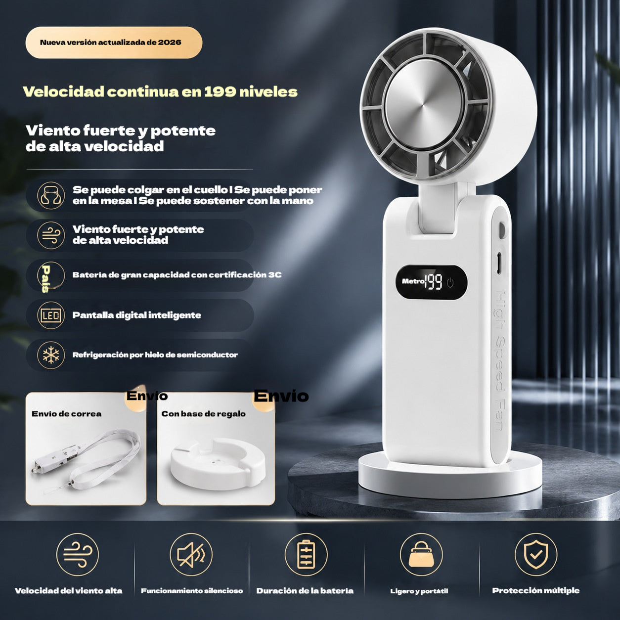 🌀💨 Mini ventilador portátil de refrigeración de semiconductores con pantalla LED