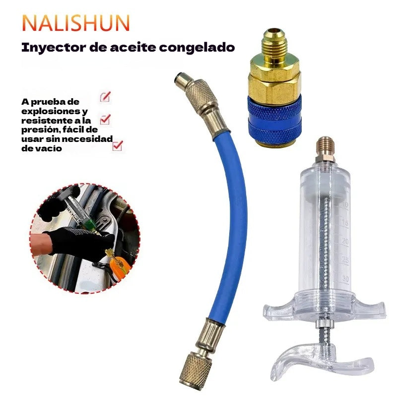 🔧💥Inyector de colorante para aceite de aire acondicionado de precisión: fabricado en latón, con manguera de alta presión y cilindro transparente ✨